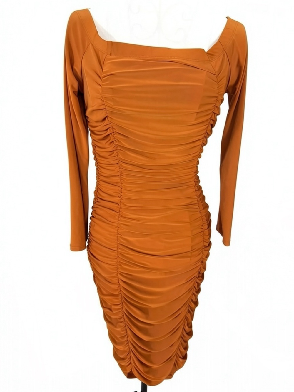 Sabora Orange Rust Square Neck All Over Ruched Long Sleeve Bodycon Dress M